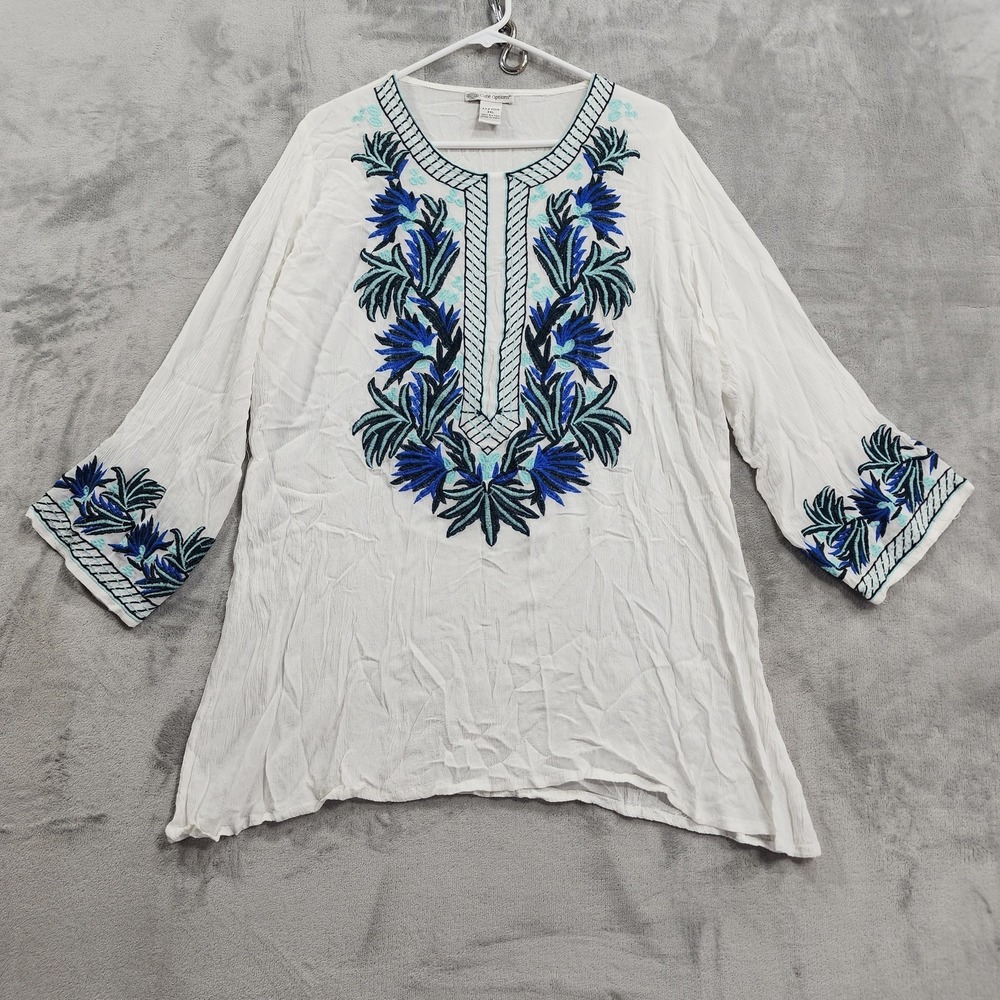 Cute Options Top Womens 3XL White Blue Embroidered Rayon Tunic 3/4 Sleeve Boho